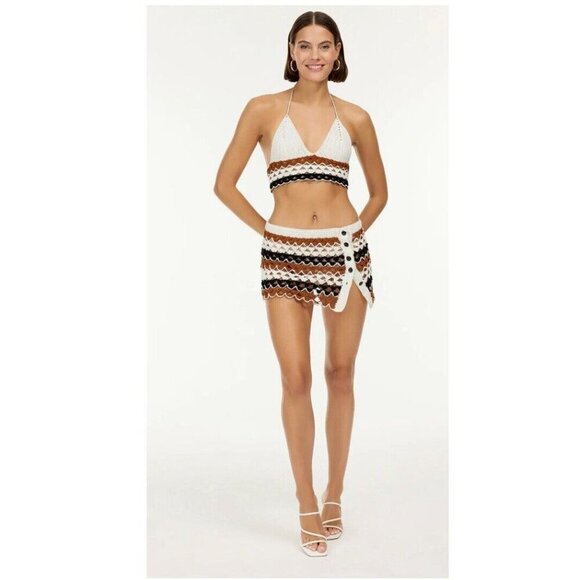 NWT My Beachy Side Crochet Halter Top Bikini Skirt Set White Brown Black Medium - Picture 1 of 12